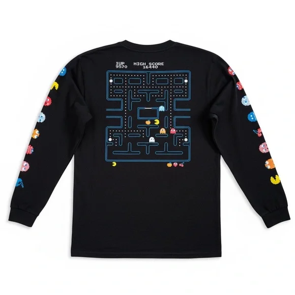 Pac Man Arcade Graphic Retro Long Sleeve T Shirt Gamer Streetwear Lounge Black M - Picture 3 of 5